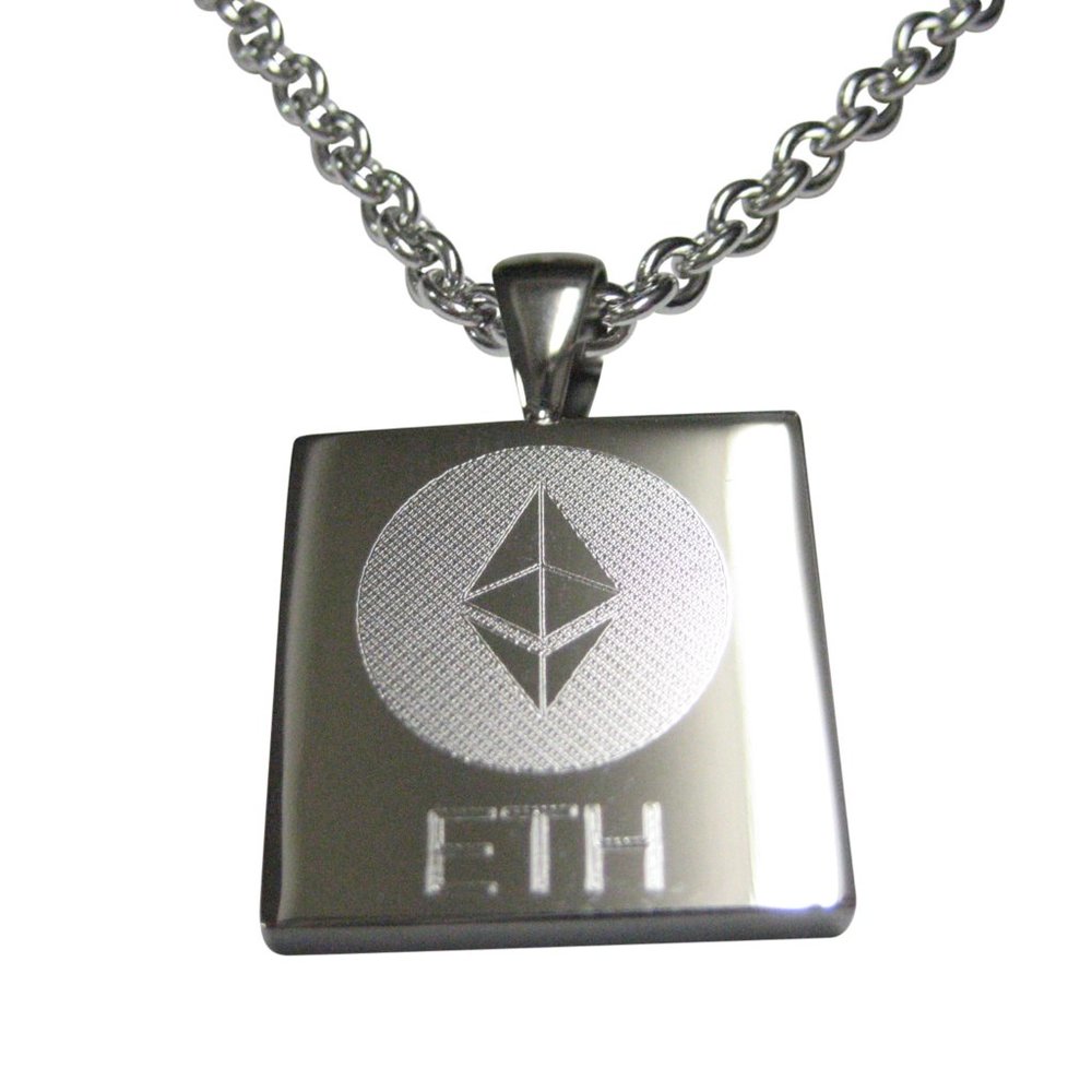 Square Etched Ethereum Coin Cryptocurrency Blockchain Pendant Necklace